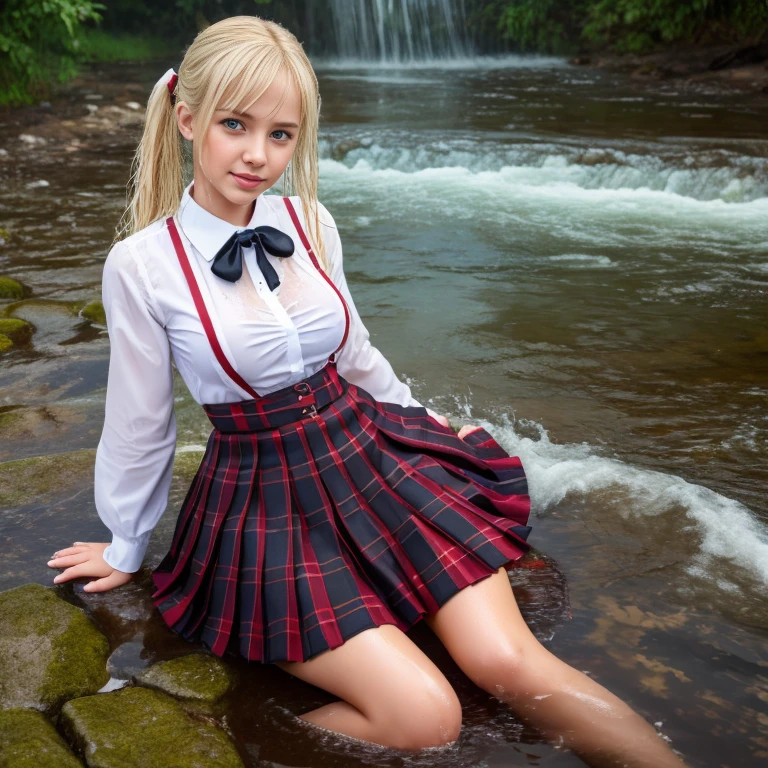 jk school girl uniform , skirt dark red , plaid skirt , pleated skirt , Tight shirt , white Shirt , school girl twin tails hair , red knot , red bow ,  sitting in the water, long sleeves, cardigan, (tie), ((pleated skirt)),  close, lips touching , closeup fantasy with water magic, beautiful maiden, wearing a skirt made of water, cleavage, realistic oil painting, ((dripping wet)), in water up to her shoulders, beautiful realistic painting, realistic fantasy painting, cute shot, narrow depth of field, 8k, nsfw, ((drenched)), ((soaked)), (dripping water), dripping oil, heavy clothes, soaked in oil, wet all over, rouge lipstick, wet dripping hair, blonde hair