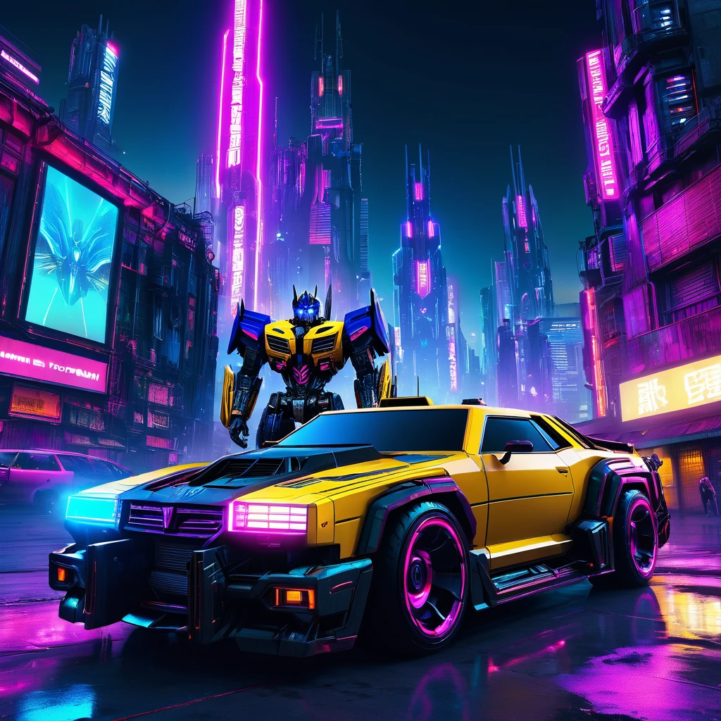 optimus prime, bumblebee, Transformer, cyberpunk style, Cyberpunk futuristic megalopolis, elegy, neon lights, 8K, uhd