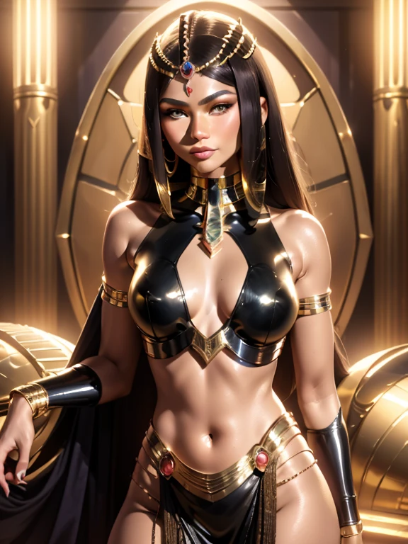 Zendaya as Cleopatra, Egyptian Queen hairstyle, Ultrarealistic Golden brown eyes, both eyes are similar, Heavy makeup, Ultrarealistic Red lip, Dark black eyeliner, Purple eyeshadow, Ultrarealistic toned Athletic body, toned abs, wide hips, Gold bracelets, heavy jewellery, Ultrarealistic heavily oiled shiny skin, a close up of a woman with a breast and a very small breast, dark brown nipples, beautiful cleopatra, goddess. extremely high detail, artgerm julie bell beeple, cleopatra, egyptian princess, karol bak uhd, artgerm detailed, artgerm. anime illustration, artgerm. high detail, egyptian, full body view, sharp focus on her breast