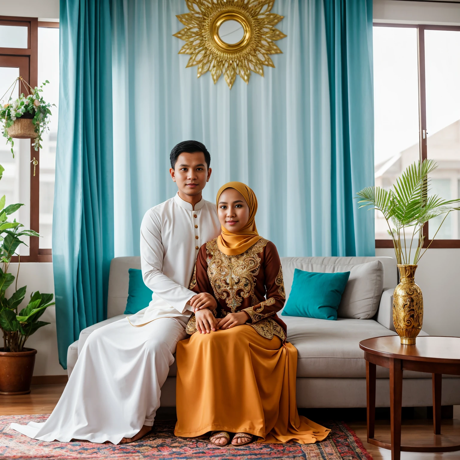 studio photo of a young Indonesian couple. full body, wearing Muslim clothes with the same motif. 32 year old father with neat thin hair and a clean face, 30 year old mother wearing a hijab that matches her clothes, Islamic backdrop for Eid al-Fitr, detailed face, detailed clothes, living room background, bright lighting, bright sunlight, detailed background