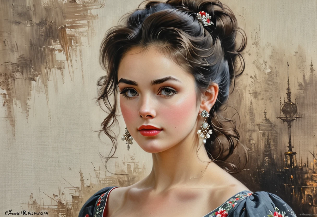 Close-up, half body of a beautiful woman, dark tousled hair pinned up in a vintage dress, large earrings, on canvas, hyper realistic oil painting, visually stunning, realistic oil painting, trending on Artstation, hyper quality, ultra detail, Charlie Style Bowater, Konstantin Razumov, Vladimir Volegov, Studio Ghibli Genshin Impact