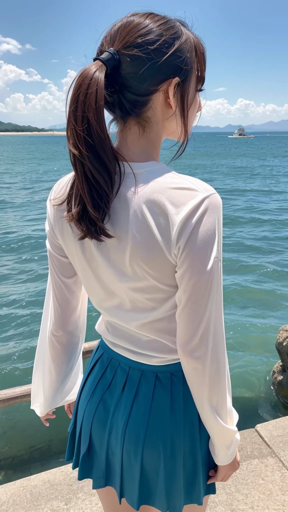 Sea of Japan、sunny、Quiet Sea、(Rear view of one woman:1.4)、T-Shirts、Long ruffled skirt、ponytail、Long sleeve、Morning Glow、Asahi