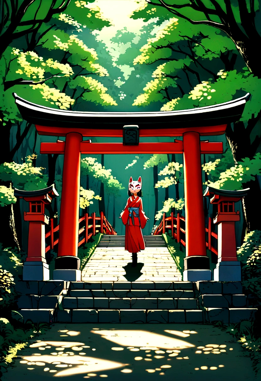 Old torii gate in the forest, Old stone staircase, wood々The sunlight shines in, nostalgic　,Girl in a fox mask