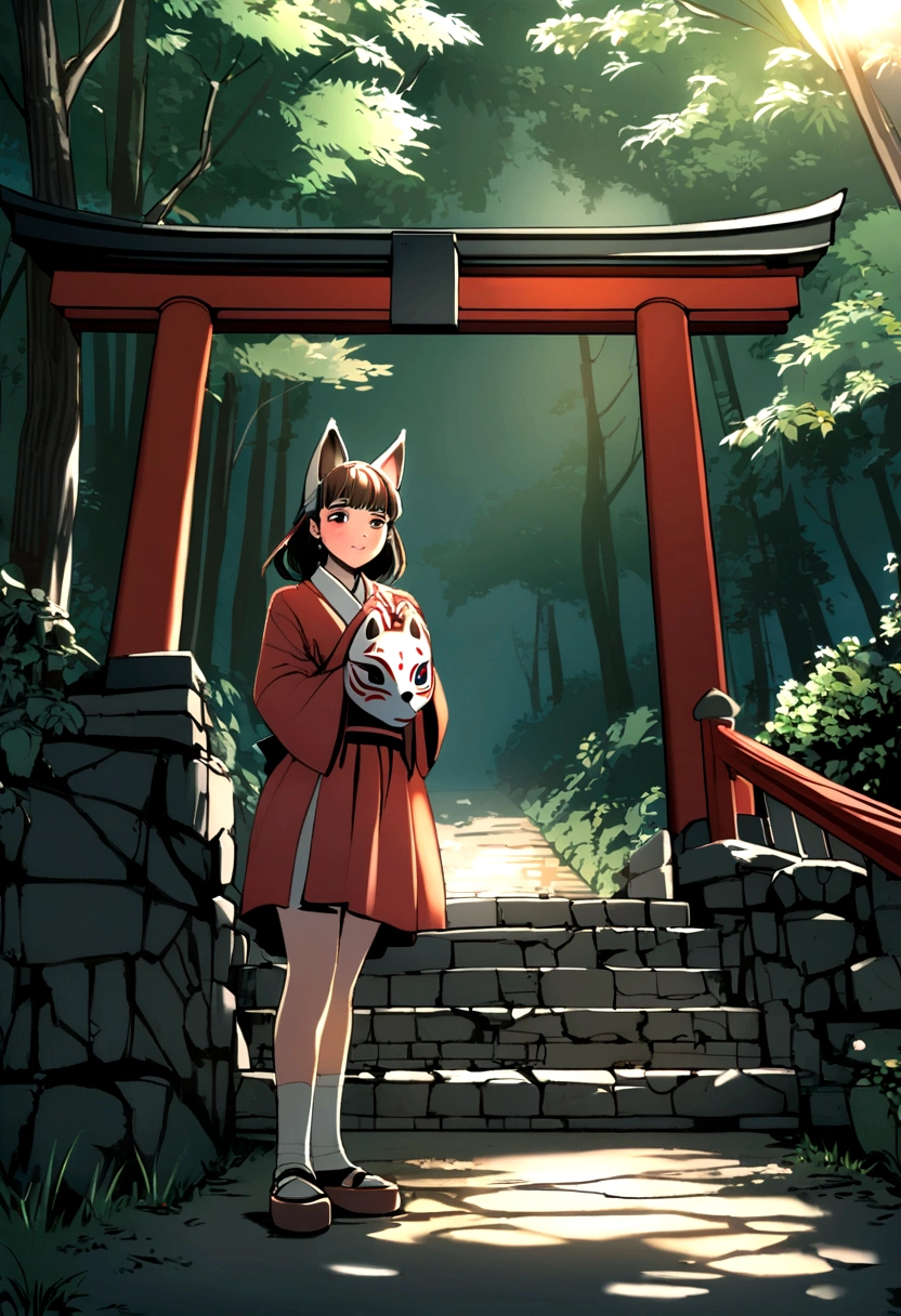 Old torii gate in the forest, Old stone staircase, wood々The sunlight shines in, nostalgic ,Girl in a fox mask