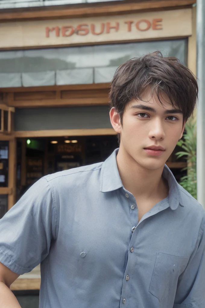 (masterpiece, top quality, best quality, official art, beautiful and aesthetic:1.2), boy, handsome, short hair, extreme detailed face, a handsome boy in casual clothes , highest detailed, (perfect face), shiny skin, HDR, extremely detailed surroundings, on the street entrance of the urban shoping in the Kuta Bali
