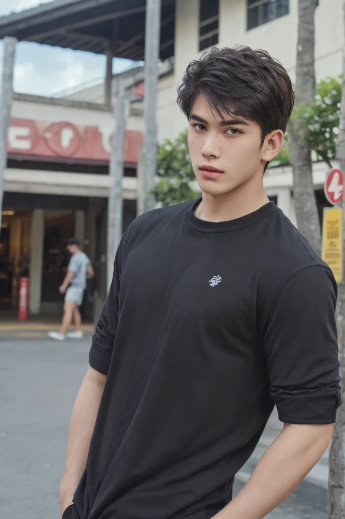 (masterpiece, top quality, best quality, official art, beautiful and aesthetic:1.2), boy, handsome, short hair, extreme detailed face, a handsome boy in casual clothes , highest detailed, (perfect face), shiny skin, HDR, extremely detailed surroundings, on the street entrance of the urban shoping in the Kuta Bali