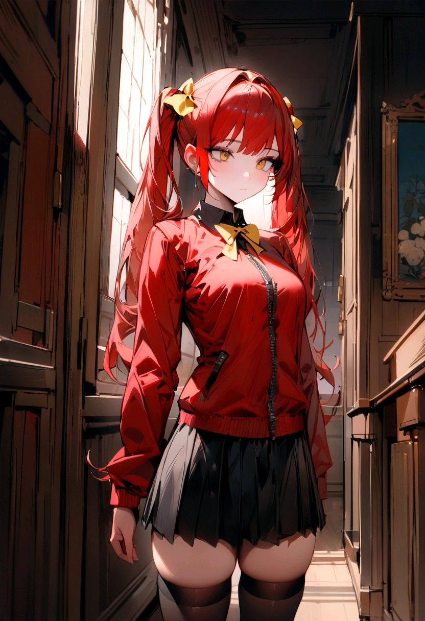masterpiece, best quality, highres, aawendy, long hair, twintails, hair ornament, , yellow bow, red jacket, long sleeves, black skirt, black thighhighs, standing, cowboy shot, indoors, arms at sides,