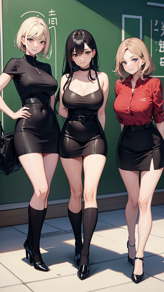 three sexy women looking at camera, fustered smiles, kindergarten teachers outfits, portrait