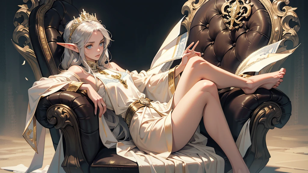 masterpiece, ultra detailed, 8K Portrait, Raw photo, a portrait photo of girl, Highly detailed face, beautiful and meticulous eyes, ((Fantasy)), (elf:1.0), 1woman, 300 year old, gray long hair, brown eyes, (melancholy expression:1.2), tiara, skinny, (ultra thin transparent gold silk cloth), hooded long white coat Fluttering in the wind, ((bare foots)), Midday Sun, Hyper realistic, out of medieval castle in the sky, sitting on the throne, Ambient lighting, Shadow details , strong breeze, Light fog