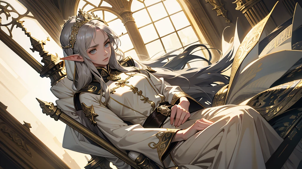 masterpiece, ultra detailed, 8K Portrait, Raw photo, a portrait photo of girl, Highly detailed face, beautiful and meticulous eyes, ((Fantasy)), (elf:1.0), 1woman, 300 year old, gray long hair, brown eyes, (melancholy expression:1.2), tiara, skinny, (ultra thin transparent gold silk cloth), hooded long white coat Fluttering in the wind, ((bare foots)), Midday Sun, Hyper realistic, out of medieval castle in the sky, sitting on the throne, Ambient lighting, Shadow details , strong breeze, Light fog