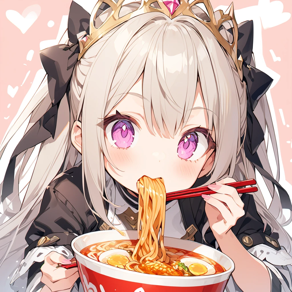 A with a princess tiara slurping ramen. Fried chicken is delicious.