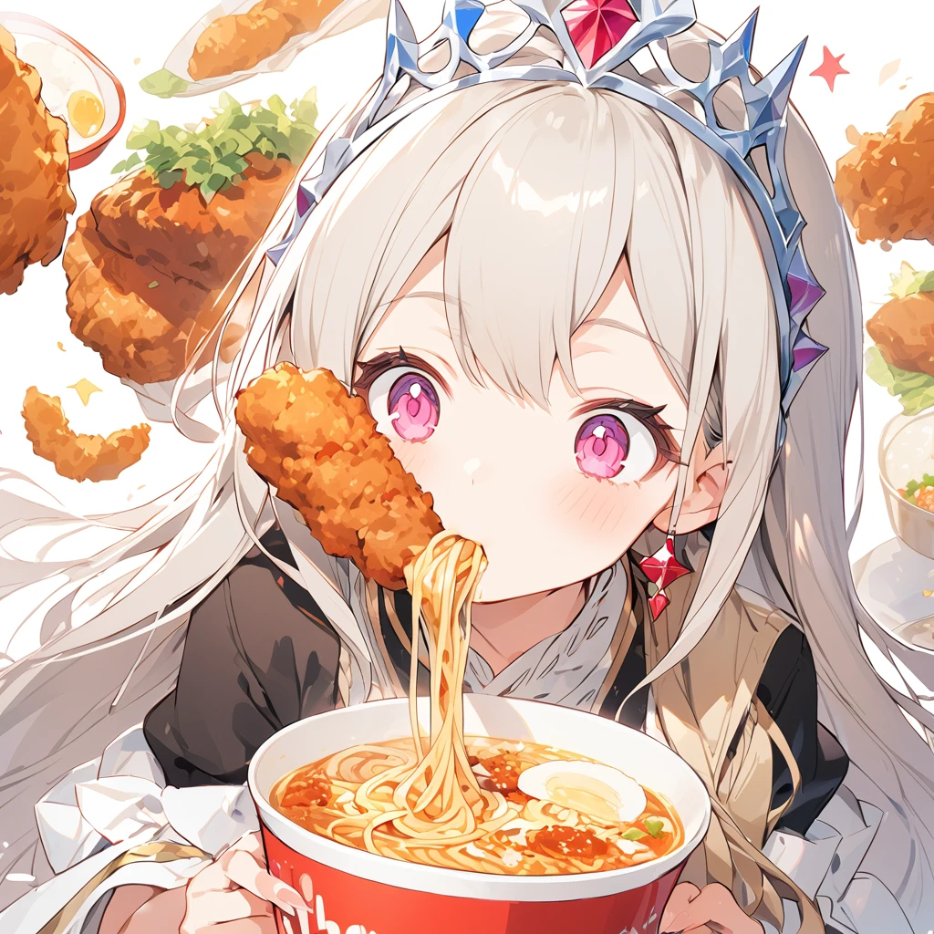 A with a princess tiara slurping ramen. Fried chicken is delicious.