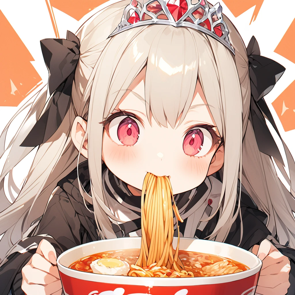 A with a princess tiara slurping ramen. Fried chicken is delicious.