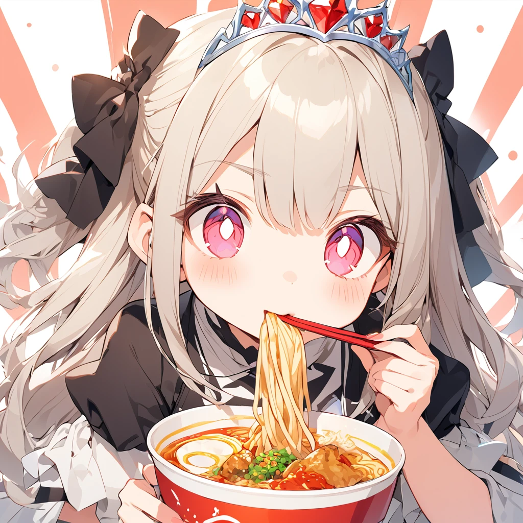 A with a princess tiara slurping ramen. Fried chicken is delicious.