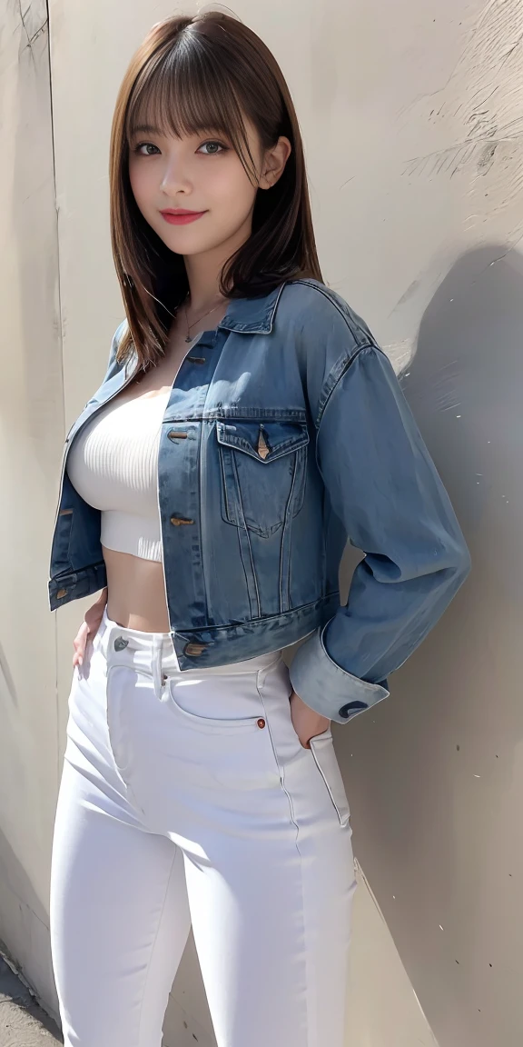 femmeS de 25 anS, longS cheveux noirS onduléS、fringe、pull à col roulé blanc moulant, Swollen nipple、Skinny denim pants, veSte、Lait moyen, joli viSage Souriant、(PoSe deS feSSeS qui dépaSSent)、(S'eSt retourné)、hancheS Sexy、TalonS hautS rougeS、ParcS avec lacS、poSe Sexy、Culotte Sexy en dentelle、groS collier、deS boucleS d'oreilleS、PhotoS montrant tout le corpS