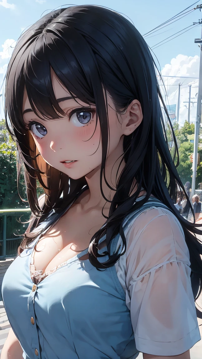 water, Wet, waterしぶき, liquid, sunny, Day, blue sky, cloud, nature, nature環境, (Character Focus:1.1), Sharp focus, Realistic, Very detailed, Super detailed, Highest quality, Highest quality, Realistic lighting, Super detailedな, Hyperrealism, Greg Rutkowski、Large Breasts、Cleavage、Wide Shot、(Short cute girl,,Young and delicate girl),(masterpiece,Highest quality),Long black hair,Light blue sheer shirt,See-through bra, amusement park