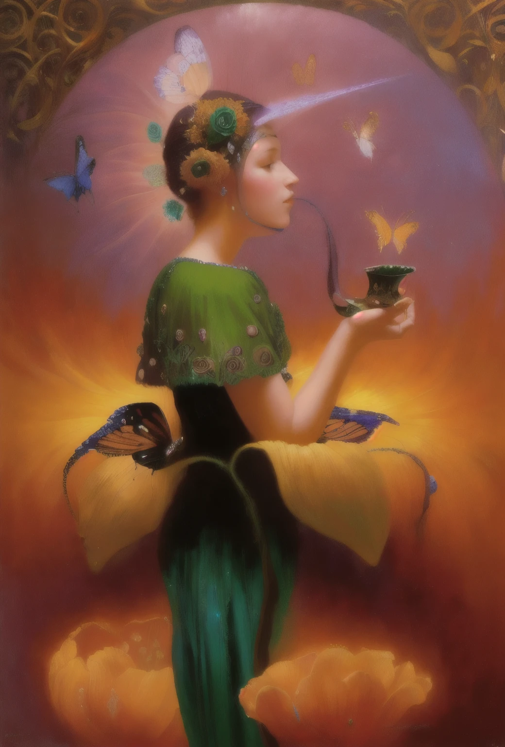painting of a woman with a flower and a butterfly in her hand, inspired by James C. Christensen, inspired by Victor Nizovtsev, by Victor Nizovtsev, art deco flower shaman, magical realism bizarre art, inspired by Remedios Varo, michael hutter, by tomasz alen kopera, fantasy oil painting, surreal oil painting