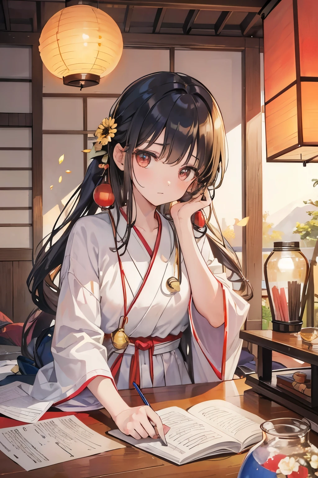 (masterpiece, best quality),warm colors, soft colors,
(detailed eyes, detailed hair, detailed face),
((good old days, memories, nostalgic, peaceful)),
japanese traditional house,
1girl, teenagers, cute,
summer vacations, overwhelmed with homework, hot, sweat, half open eyes, sleepy, tired, flower jar, loose clothes, in the home, (dim room), sunset,
wind bell, mosquito coil, paper lanterns, earphones, (long shot),