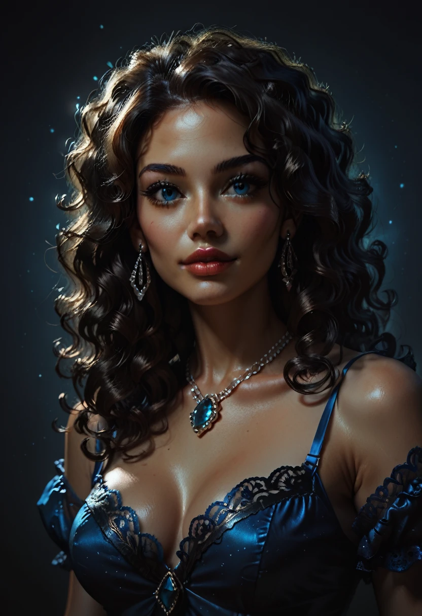 score_9, score_8_up, score_7_up, score_6_up, rating:safe, 1girl, solo, black_hair, wavy_hair, jewelry, dress, blue_eyes, earrings, long_hair, looking_at_viewer, curly_hair, upper_body, lips, lace, blue_dress, night, cxqz8r