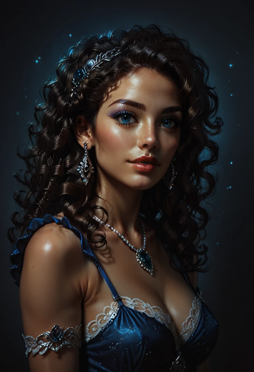 score_9, score_8_up, score_7_up, score_6_up, rating:safe, 1girl, solo, black_hair, wavy_hair, jewelry, dress, blue_eyes, earrings, long_hair, looking_at_viewer, curly_hair, upper_body, lips, lace, blue_dress, night, cxqz8r