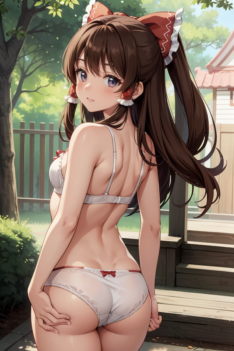 Reimu Hakurei, (Brown eyes:1.5), Brown Hair, bow, hair bow, Hair Tube, Long Hair, red bow, Side Lock,Bed、
Blake Ascot, (((Cute white bra、Cute white panties)))、sit、(((Backwards、look back、Sticking out your ass)))、Low - Angle、
BREAK Watch Viewers,blush、Surprise face、
Outdoor rest, shrine,Cowboy Shot,Smile Break (masterpiece:1.2), Highest quality, High resolution, unity 8k wallpaper, (figure:0.8), (Beautiful attention to detail), Highly detailed face, Perfect lighting, Highly detailed CG, (Perfect hands, Perfect Anatomy),Dynamic pose,