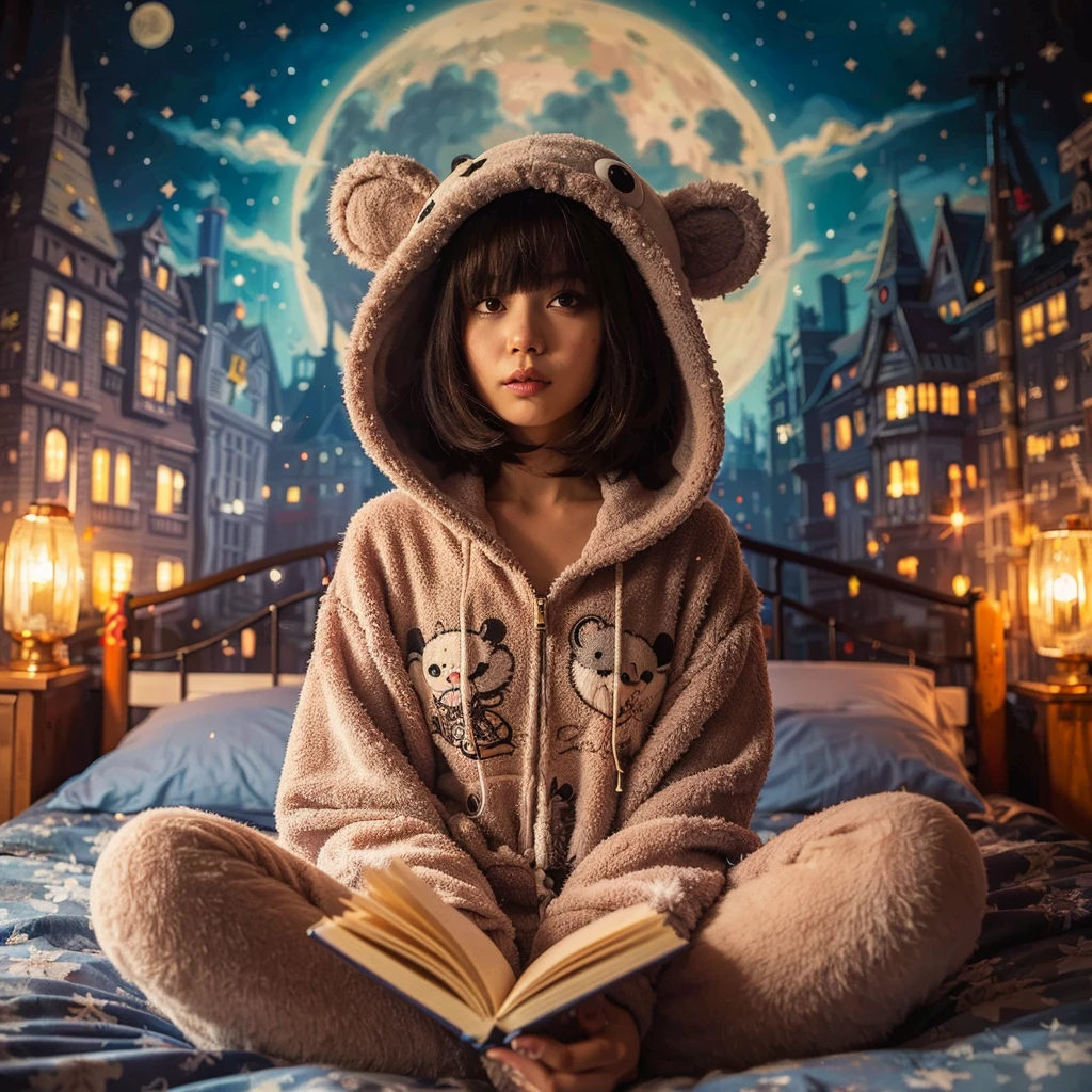 women, bob haircut with bangs, wearing a cute creature full suit with hoodie, bedroom, sparkling mural of full moon and clouds, sitting on the bed, holding a book, cinematic, intricate details, extremely detailed, best quality