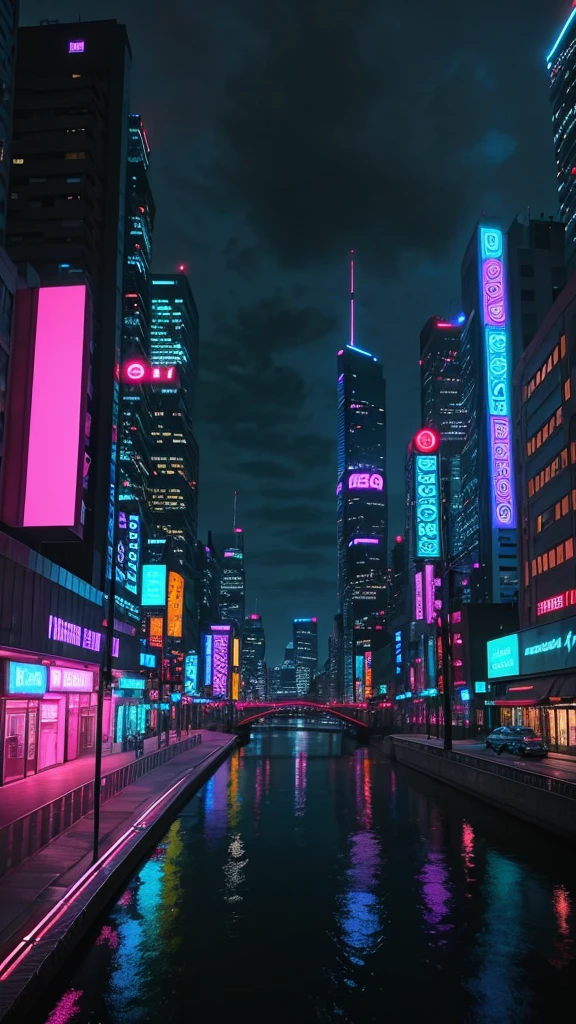 Futuristic city night view。Lined with skyscrapers、The innovative architecture is eye-catching。The skyline is lit up with neon lights of various colors、Blue and pink are especially dominant.、It creates a vibrant atmosphere。The building has many illuminated signs、Holographic Advertising、It is displayed on a digital billboard。Elevated highways and monorails crisscross the city.、Connecting the various buildings、Increasing complexity of urban environments。The city is made up of multiple layers.、Buildings and infrastructure are placed on different levels、Includes bridges and walkways。The scene is set against a dark, overcast sky.、Contrasting with the bright, colorful lights of the city below.。There is a river running through the center of the city、The neon lights reflect off the surface, creating a visual impact.。The atmosphere is lively and energetic、It represents a highly developed and technologically sophisticated society.。
