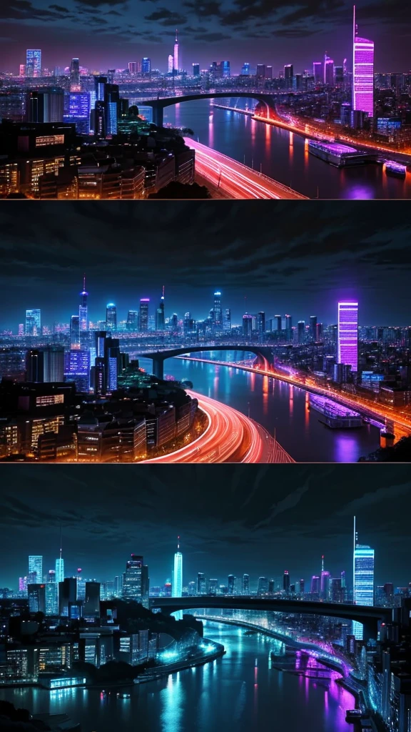 Futuristic city night view。Lined with skyscrapers、The innovative architecture is eye-catching。The skyline is lit up with neon lights of various colors、Blue and pink are especially dominant.、It creates a vibrant atmosphere。The building has many illuminated signs、Holographic Advertising、It is displayed on a digital billboard。Elevated highways and monorails crisscross the city.、Connecting the various buildings、Increasing complexity of urban environments。The city is made up of multiple layers.、Buildings and infrastructure are placed on different levels、Includes bridges and walkways。The scene is set against a dark, overcast sky.、Contrasting with the bright, colorful lights of the city below.。There is a river running through the center of the city、The neon lights reflect off the surface, creating a visual impact.。The atmosphere is lively and energetic、It represents a highly developed and technologically sophisticated society.。