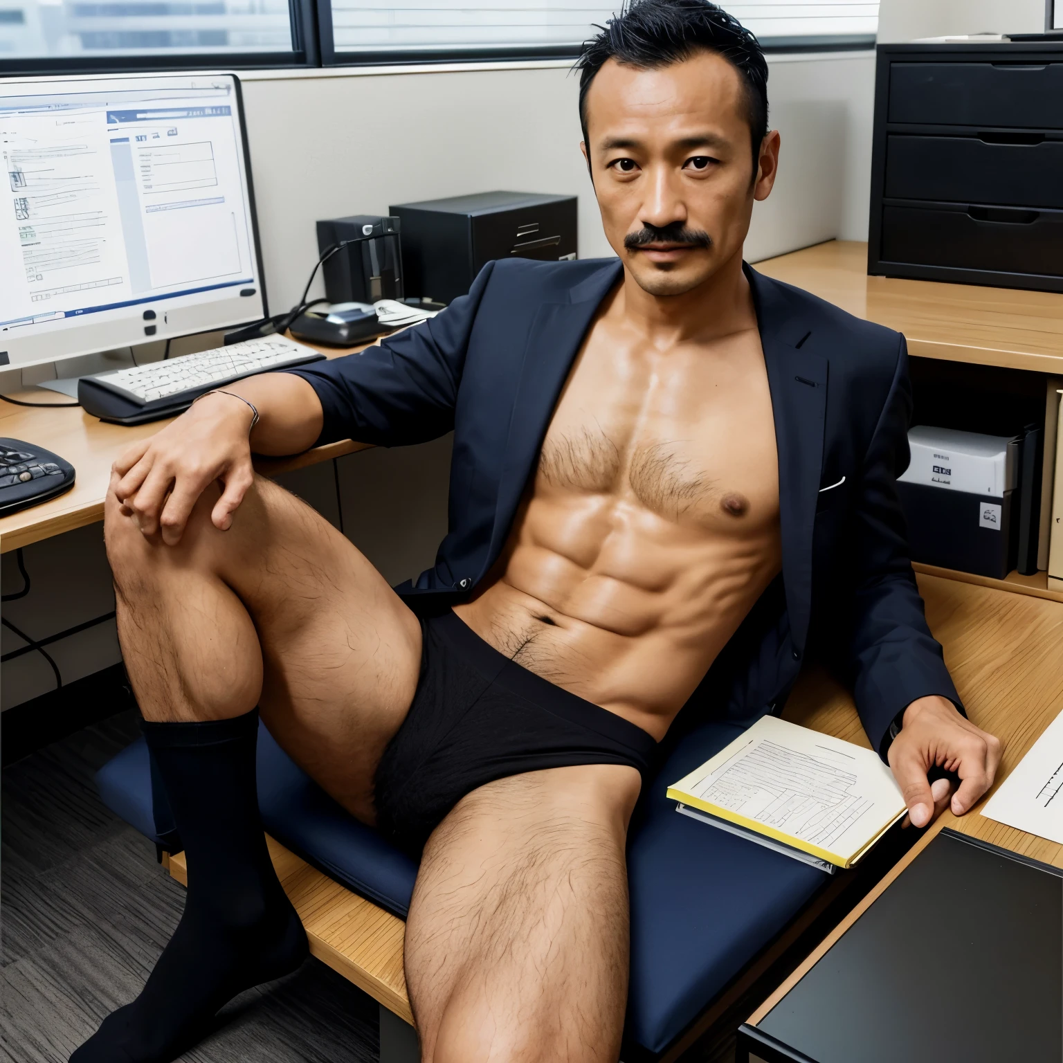 40 years old,Hidetoshi Nakata,(Kogoro Mori 1.3),male,Topless,Densely hairy,Bright,Raised,Fortitude,office,Suit,Tights,whole body,Fortitude,HD,With a mustache,Black socks,