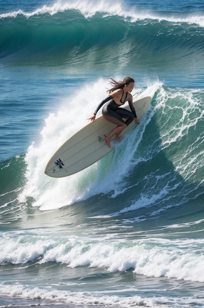 Create for me a woman on a beach surfing with a stand up surfboard