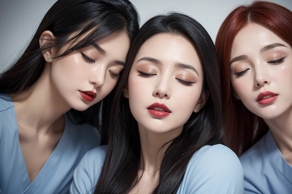 two sexy women in midwife outfits, various hair colors and hairstyles, opened mouths, closed eyes, black lipsticks, portrait, close up faces, view from below