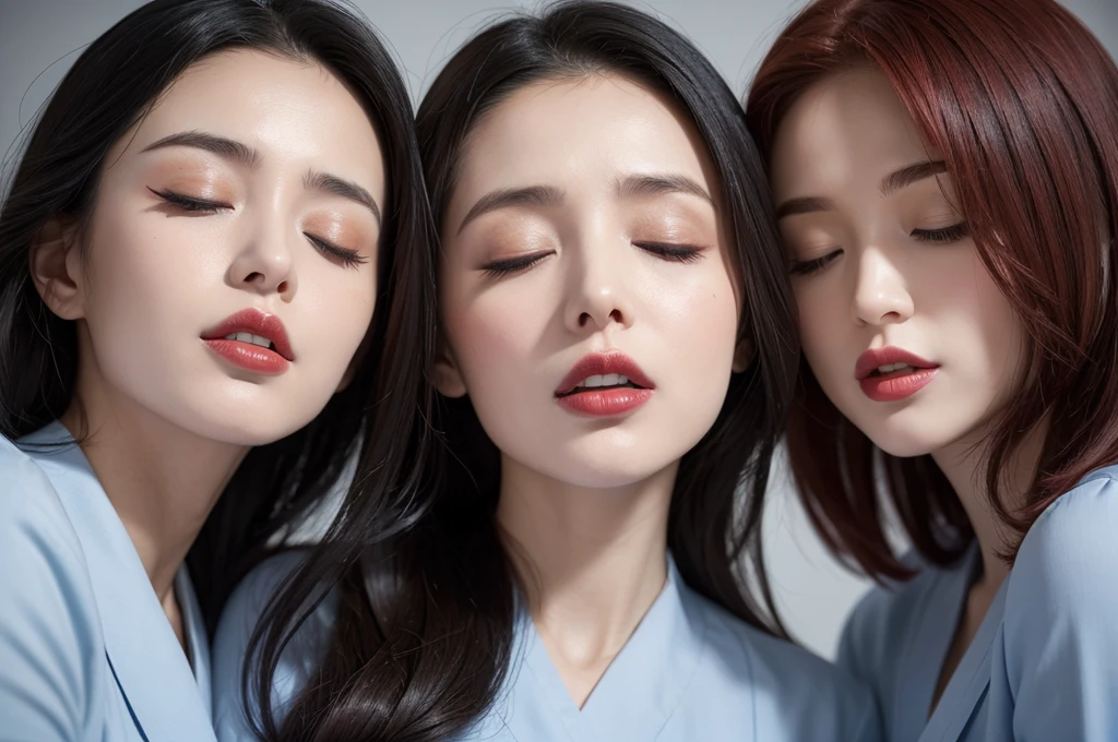 two sexy women in midwife outfits, various hair colors and hairstyles, opened mouths, closed eyes, black lipsticks, portrait, close up faces, view from below