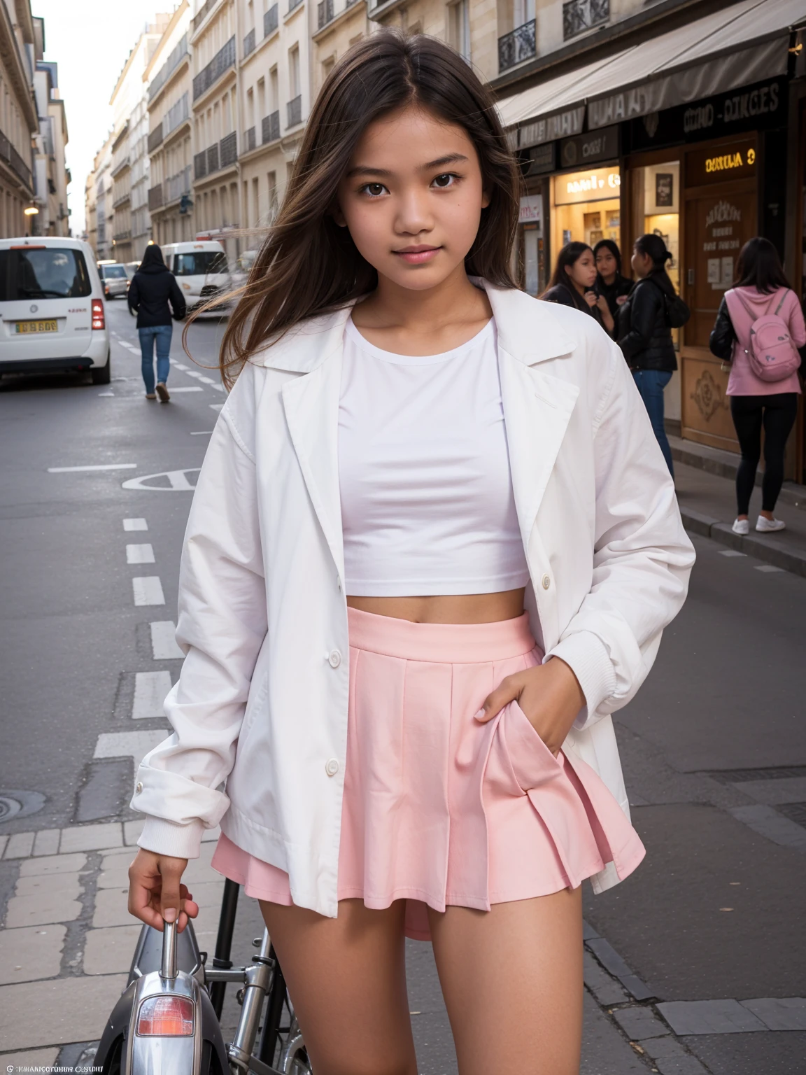 Upper body of a beautiful young girl, 17 years old, Indonesian, cheerful, white T-shirt, white jacket and pink skirt, street in the historic part of Paris, in the evening.