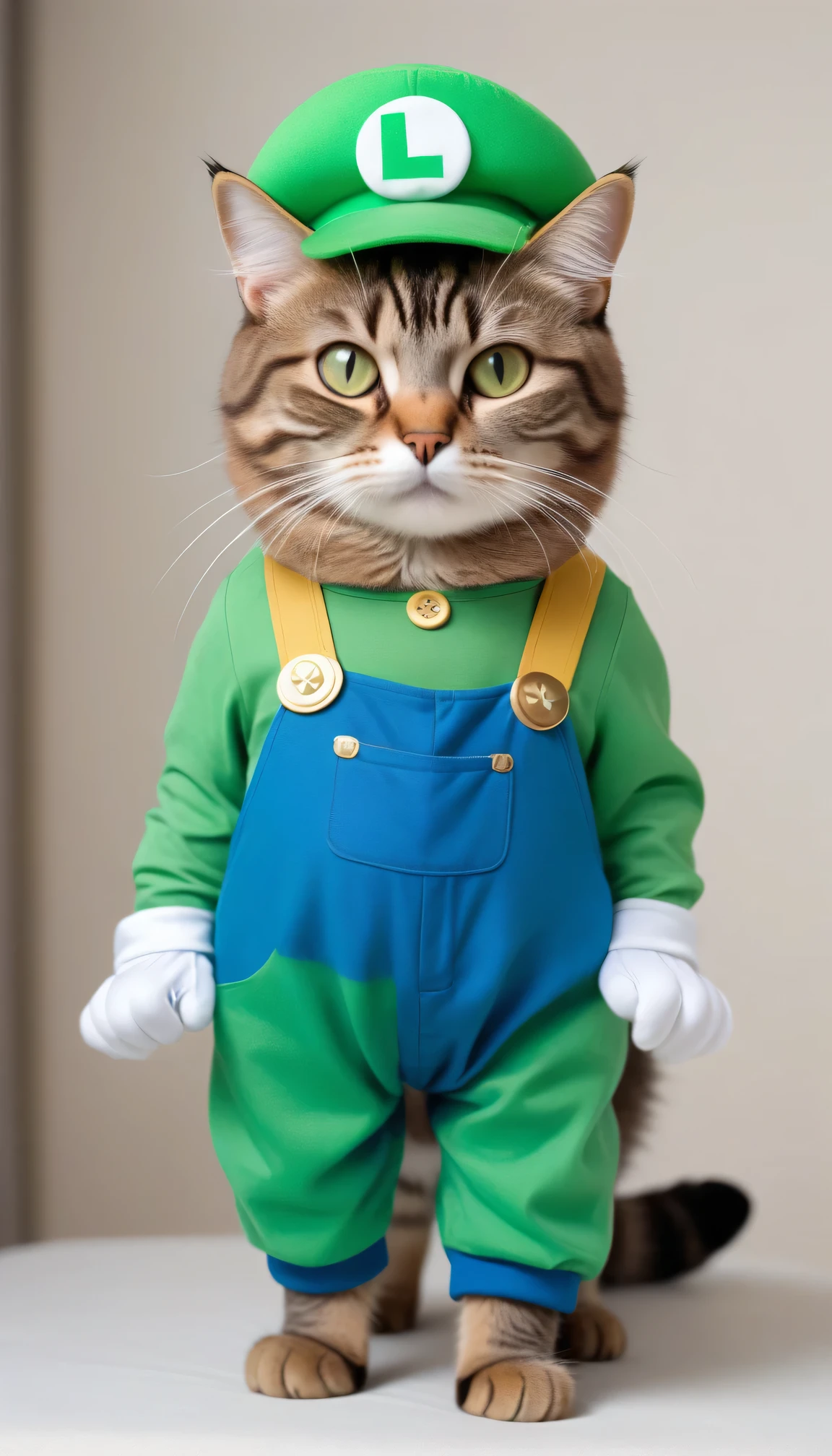 A long-haired, brown American Shorthair cat dressed in a Luigi costume. The cat is wearing a green hat with a white circle and a green 'L' on it. It has on blue overalls, which are a one-piece type, with two gold buttons on the front. Underneath the overalls, the cat is wearing a green long-sleeve shirt. It is also wearing white gloves. The cat has a mustache under its nose. The background is set in the world of Super Mario. The cat is standing in place