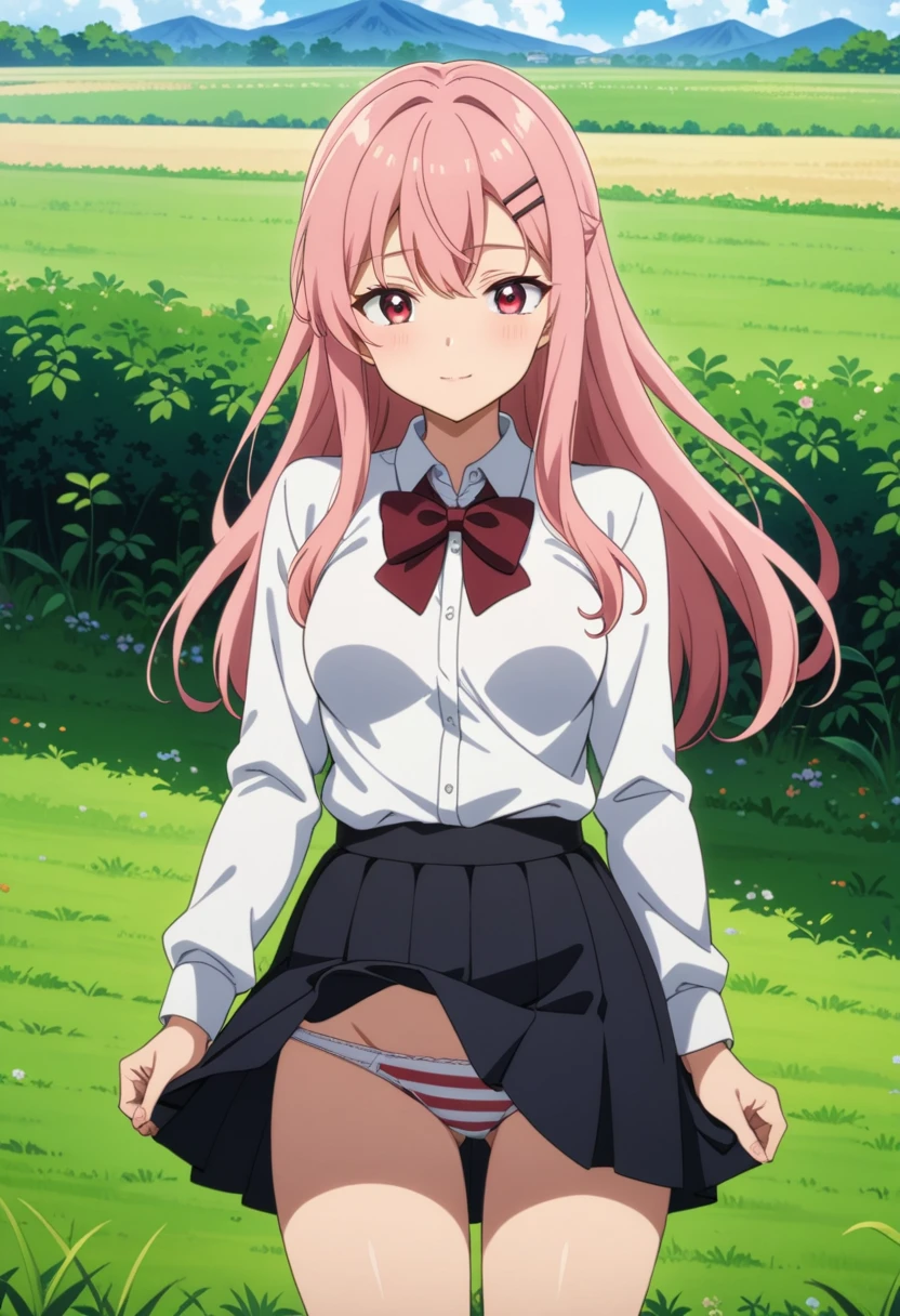 1girl, solo, anime coloring,
long hair, pink hair, red eyes, seductive smile, small breasts, white shirt, red bowtie, hairclip,
field, blue sky,
masterpiece, best quality, very aesthetic, absurdres,Skirt fully visible、Stripes々Panties、Panties in full view、Skirt fully visible、Without skirt、Panties fully exposed