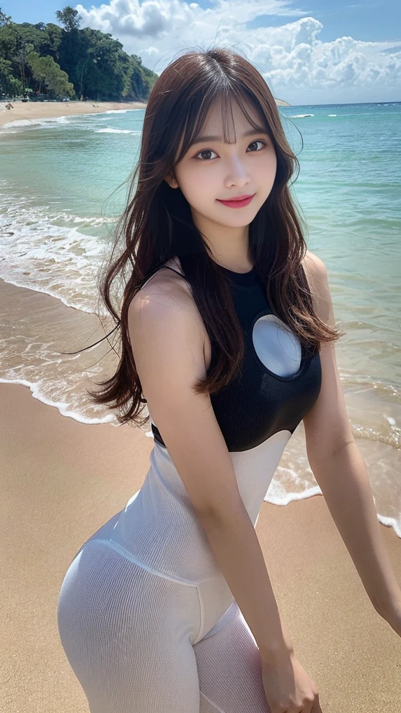 Highest quality, shape, Very detailed, finely, High resolution, 8k wallpaper, Perfect dynamic composition, Beautiful and detailed, Straight hair, Small breasts, Natural color lip, Random sexy poses,smile,20-year-old girl、Beautiful and elaborate face、Perfect and beautiful face,Big eyes、RAW Photos、Expressing feminine poses with the whole body、Beautiful and detailed、Small face、Beautiful Duplex、Slim face and figure,Bright expression,Shooting with a focus on beautiful legs,surfing、Wearing a wetsuit、Indonesia、bali、Beach shoot