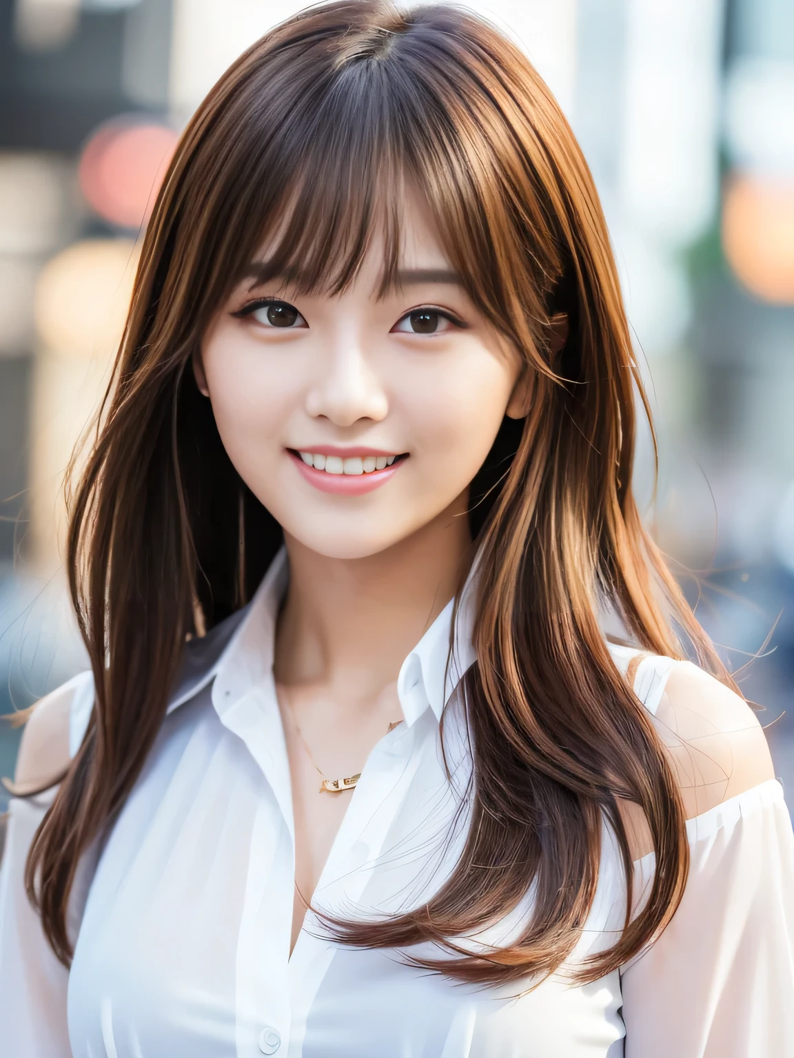 Ultra High Definition, Superior Quality, Premier Quality, ultra detailed, Photorealistic, 8k, RAW Photos, highest quality, masterpiece, Attractive woman, Stunning woman, Brown Hair, Shoulder Length Layered, asymmetrical bangs, K-pop Idol, Sophisticated, Stylish, Formal shirt, Shibuya, (seductive smile:1.2), 