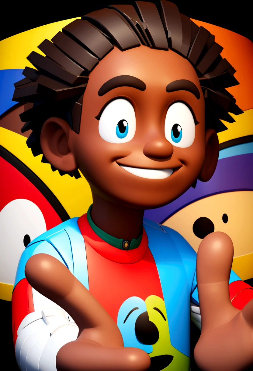 Create a Pixar/Disney-style illustration of a smiling man. He has brown skin and a huge, happily smiling face, with an insane smile. The illustration should be a headshot profile picture, with the man smiling boldly at the camera. The style should be in 3D art, C4D, with a pure white background. The illustration should be super detailed, in the style of Disney/Pixar render, with 8k resolution.