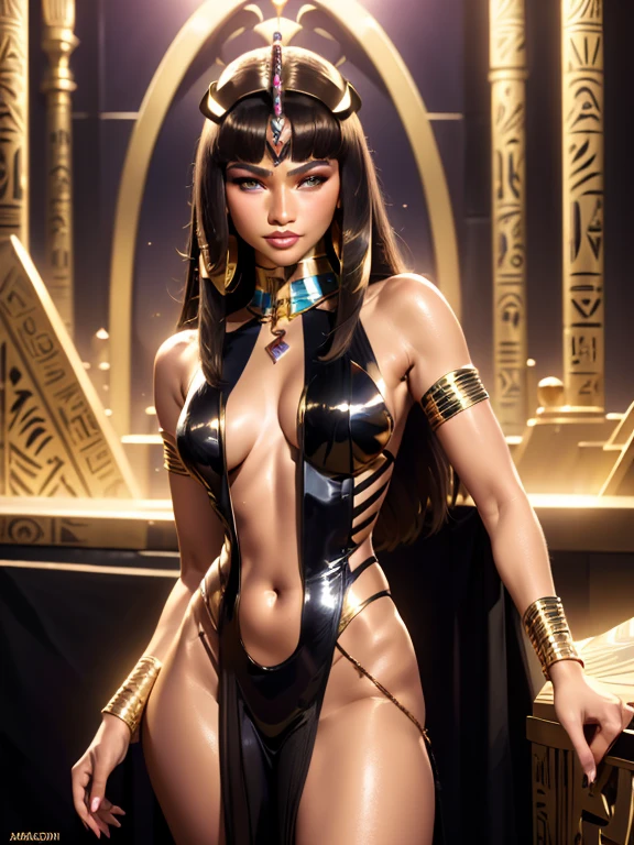 Zendaya as Cleopatra, Egyptian Queen hairstyle, Ultrarealistic Golden brown eyes, both eyes are similar, Heavy makeup, Ultrarealistic Red lip, Dark black eyeliner, Purple eyeshadow, Ultrarealistic toned Athletic body, toned abs, wide hips, Gold bracelets, heavy jewellery, Ultrarealistic heavily oiled shiny skin, a close up of a woman with a breast and a very small breast, dark brown nipples, beautiful cleopatra, goddess. extremely high detail, artgerm julie bell beeple, cleopatra, egyptian princess, karol bak uhd, artgerm detailed, artgerm. anime illustration, artgerm. high detail, egyptian, full body view, sharp focus on her breast