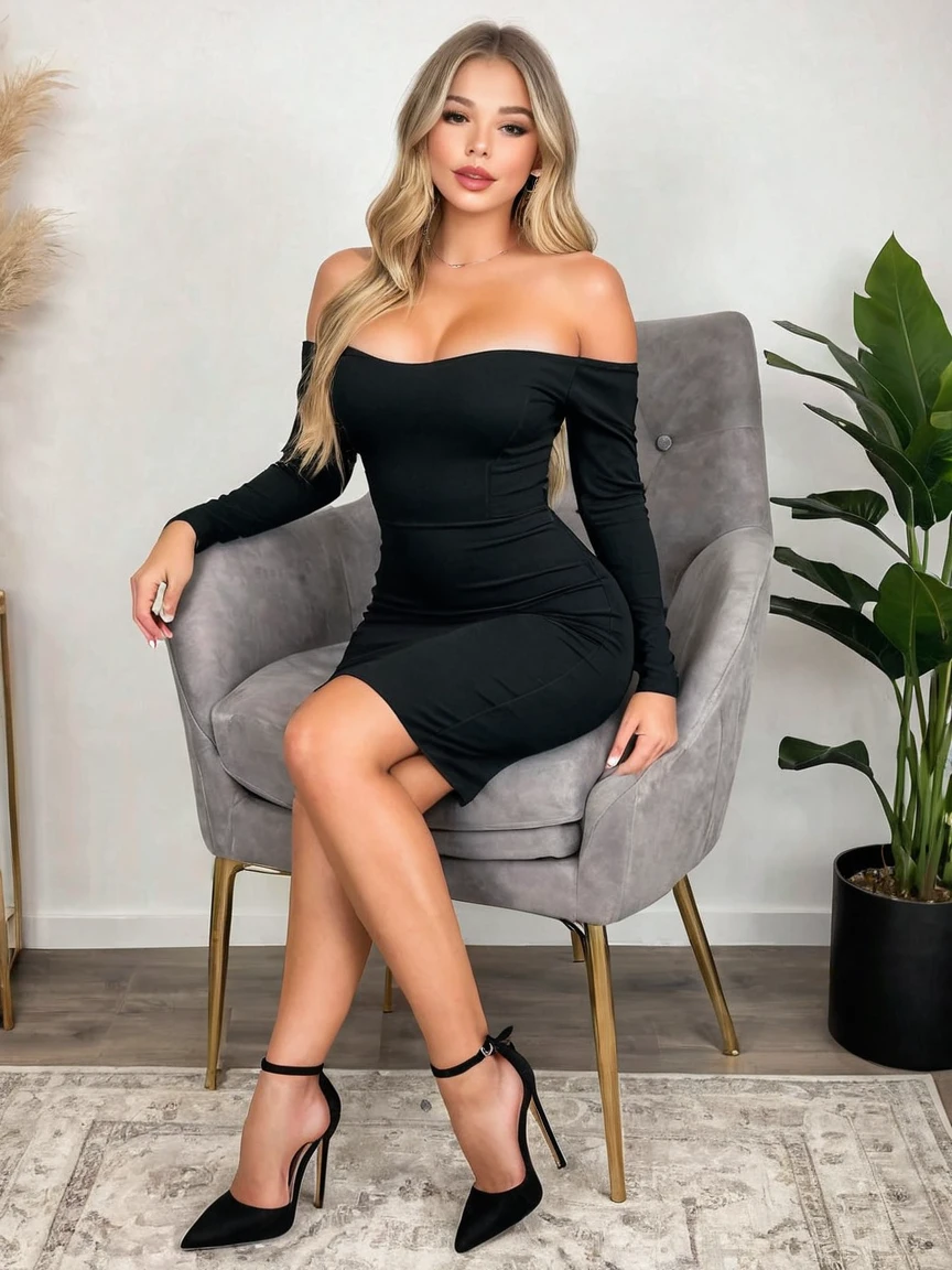 A stunning 18 year old, influencer, long straight blonde hair, perfect body, big breasts, fake breasts, big ass, big thigh, sitting elegantly on a stylish chair, one leg crossed over the other. She is dressed in a sleek black off-the-shoulder dress and high heels. The setting is a modern, well-lit indoor space with tasteful decor.