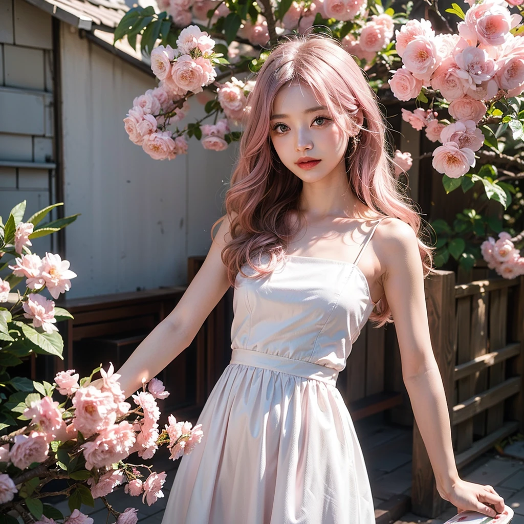 Japanese,Bob Hair,Light pink hair, Pink Eyes, Pink and white, Cherry leaves, Vibrant colors, White Dress, Paint splashes, Simple Background, Ray Tracing