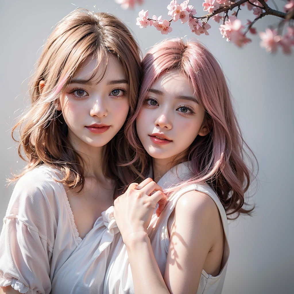 Japanese,Bob Hair,Light pink hair, Pink Eyes, Pink and white, Cherry leaves, Vibrant colors, White Dress, Paint splashes, Simple Background, Ray Tracing