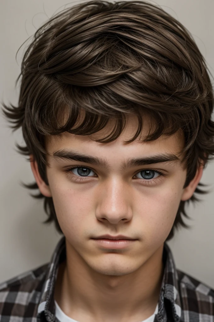 16 year old boy, grey eyes, damaged hair, brown hair color, 