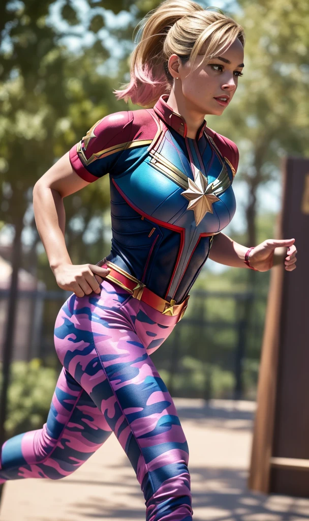 Captain Marvel, 1girl, 8k, uhd, trending on arstation, award winning art, best quality, masterpiece, photorealistic, raw image, pink shirt, blue camo pants, ponytail, thick Latina, running, at the zoo