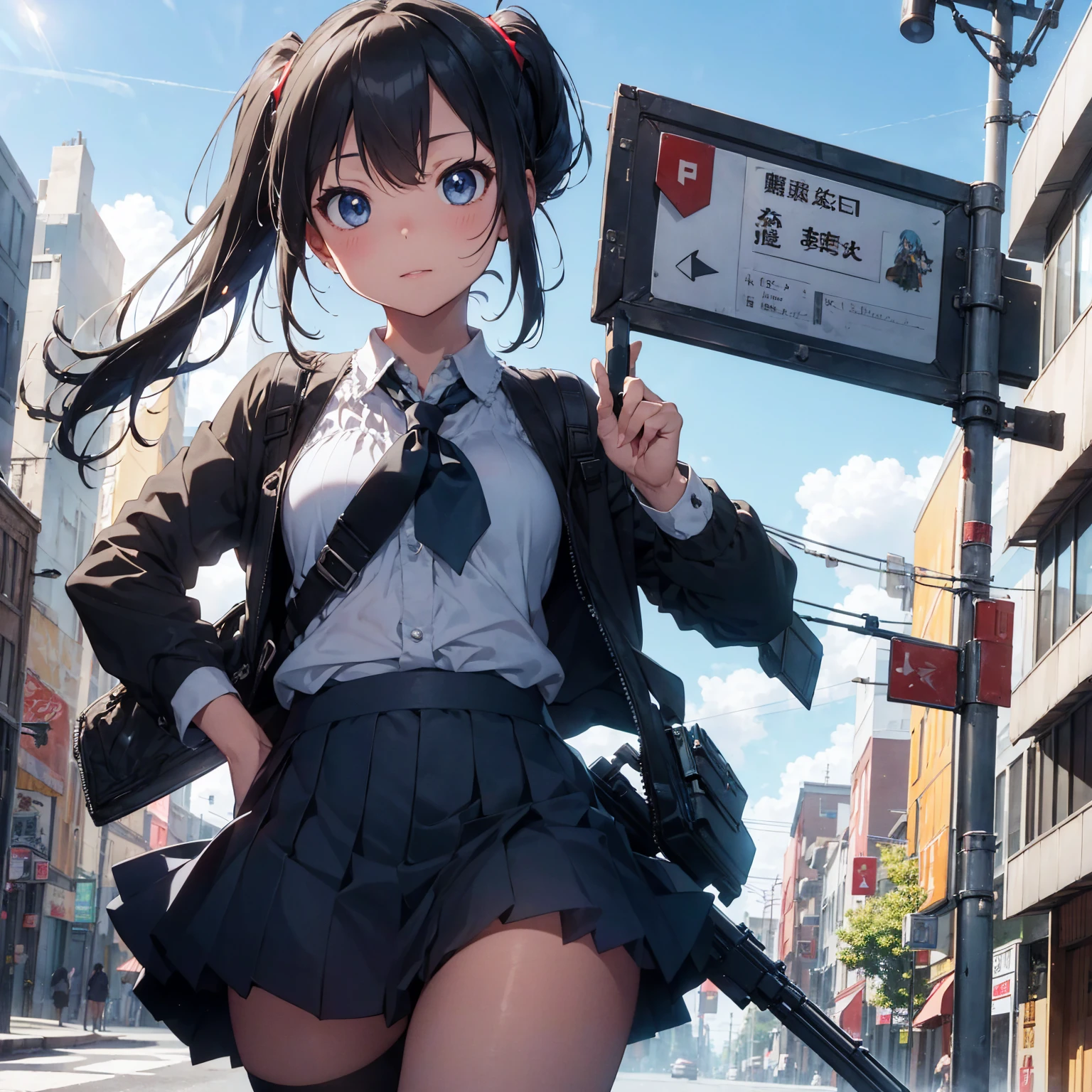 masterpiece, Highest quality, Lens flare, Depth of written boundary, (close: 1.3), (Wide Shot, Fisheye Lens: 0.85), Face Focus, Hatsune Miku, Small faces scattered, Detail of bloodstained lips, Squat, Blue Short Hair, Open neck blouse, Pleated skirt, (Have a weapon, Hold the rifle, aim, aim:1.2), gun, H&Khk416, carbine, fire, Firing, sunny, blue sky, Cloudy, city, street, road signs, Skyscraper,