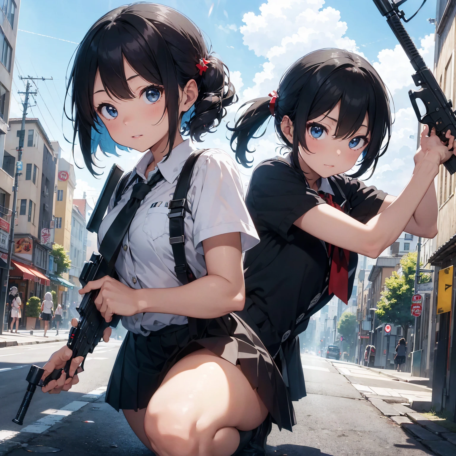 masterpiece, Highest quality, Lens flare, Depth of written boundary, (close: 1.3), (Wide Shot, Fisheye Lens: 0.85), Face Focus, Hatsune Miku, Small faces scattered, Detail of bloodstained lips, Squat, Blue Short Hair, Open neck blouse, Pleated skirt, (Have a weapon, Hold the rifle, aim, aim:1.2), gun, H&Khk416, carbine, fire, Firing, sunny, blue sky, Cloudy, city, street, road signs, Skyscraper,