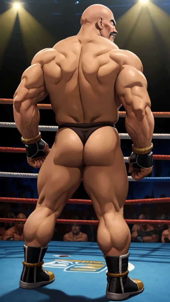 nappa, male focus, solo, 1boy, bald , muscular male, bulk , abs ,black vambraces, veins, pectorals, thighs, black eyes , mustache, (( black micro-thongs )) , tail around waist, (best quality, masterpiece) , full body , NSFW , black boots , dark skin , backside , boxing gloves , boxing ring