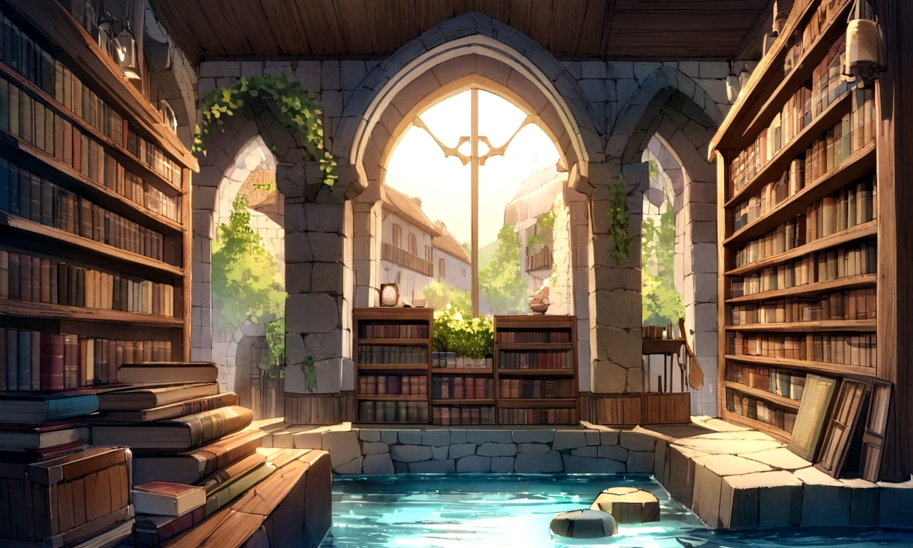 ((((masterpiece, Highest quality, High resolution)))),High detail, manga，anime，Illustration Style，Use of bright colors，Ghibli Studio，Similar to the colors used in daytime scenes, Medieval European fantasy world, Extremely detailed 8K, High detail, A shop by the pond built under a stone arch, Game Sword,Hero&#39;s Sword,Dirty Sword,Bookshelf, In the store々There are many products lined up,Lying Sword,Luxurious sword, Magic book, Old books, And postcards, Both indoor and outdoor displays. The arches and walls are made of rustic stone, Gives a quaint and attractive look. The store is transparent, Smooth turquoise water surface, Colorful rocks visible beneath the surface. The sky is bright blue、Fluffy white clouds floating, And the sun is shining brightly, Create a magical and cozy atmosphere.