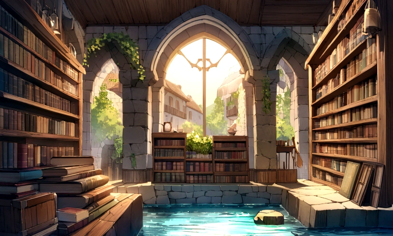 ((((masterpiece, Highest quality, High resolution)))),High detail, manga,anime,Illustration Style,Use of bright colors,Ghibli Studio,Similar to the colors used in daytime scenes, Medieval European fantasy world, Extremely detailed 8K, High detail, A shop by the pond built under a stone arch, Game Sword,Hero's Sword,Dirty Sword,Bookshelf, In the store々There are many products lined up,Lying Sword,Luxurious sword, Magic book, Old books, And postcards, Both indoor and outdoor displays. The arches and walls are made of rustic stone, Gives a quaint and attractive look. The store is transparent, Smooth turquoise water surface, Colorful rocks visible beneath the surface. The sky is bright blue、Fluffy white clouds floating, And the sun is shining brightly, Create a magical and cozy atmosphere.