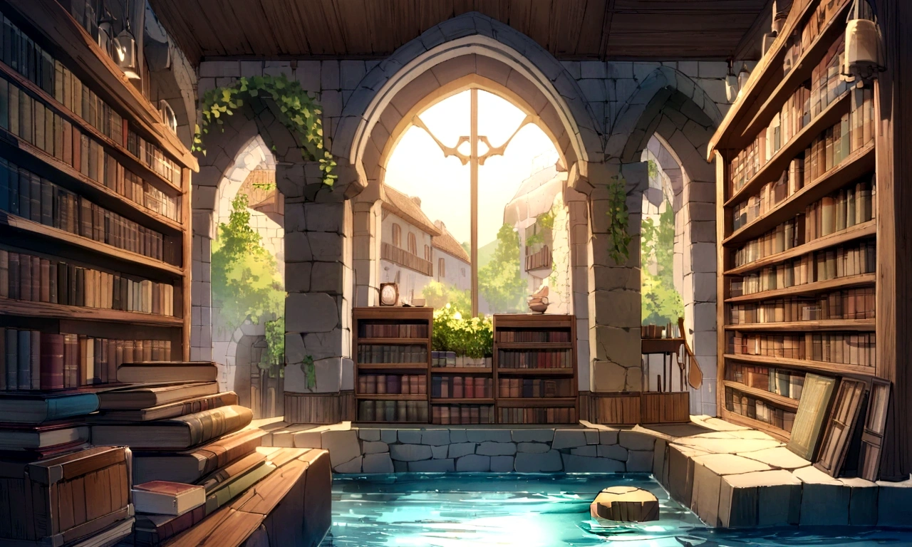 ((((masterpiece, Highest quality, High resolution)))),High detail, manga，anime，Illustration Style，Use of bright colors，Ghibli Studio，Similar to the colors used in daytime scenes, Medieval European fantasy world, Extremely detailed 8K, High detail, A shop by the pond built under a stone arch, Game Sword,Hero&#39;s Sword,Dirty Sword,Bookshelf, In the store々There are many products lined up,Lying Sword,Luxurious sword, Magic book, Old books, And postcards, Both indoor and outdoor displays. The arches and walls are made of rustic stone, Gives a quaint and attractive look. The store is transparent, Smooth turquoise water surface, Colorful rocks visible beneath the surface. The sky is bright blue、Fluffy white clouds floating, And the sun is shining brightly, Create a magical and cozy atmosphere.